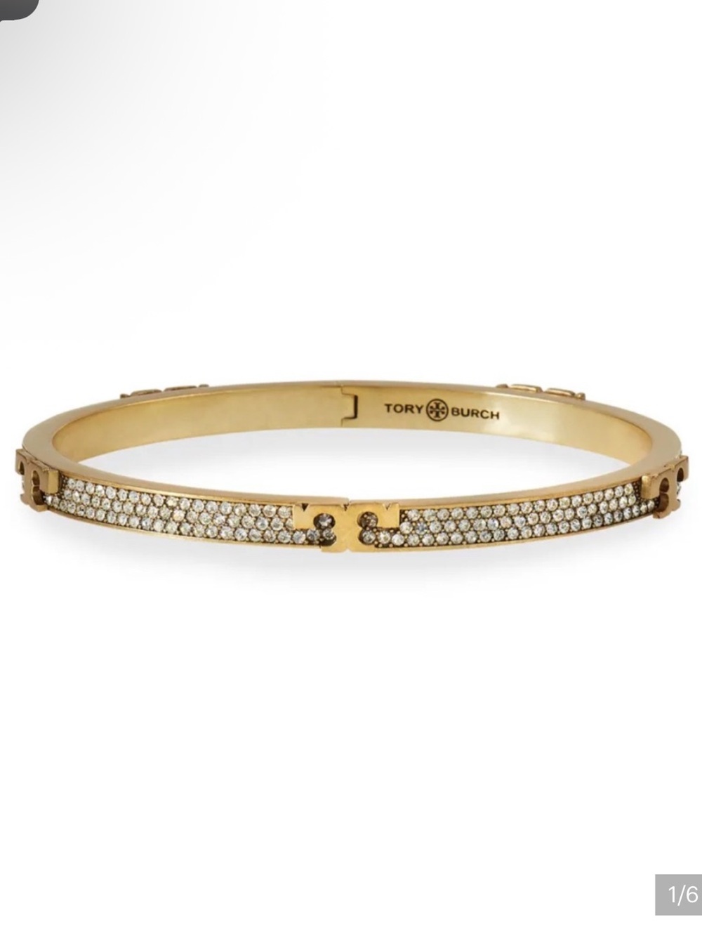 Tory Burch SERIF-T Pave Hinged Gold Bangle Bracelet NEW $228